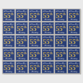 Papel De Regalo Elegante, Azul, Faux Gold 55th Birthday + Nombre