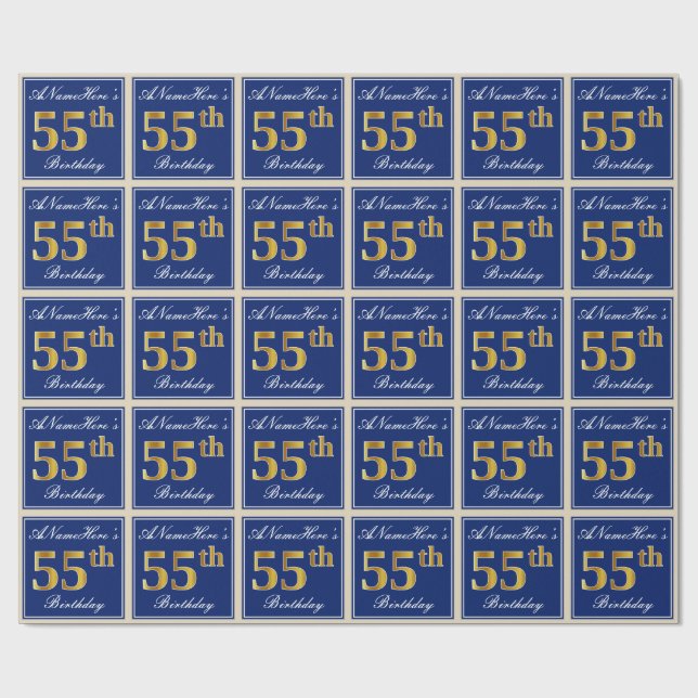 Papel De Regalo Elegante, Azul, Faux Gold 55th Birthday + Nombre (Superficie plana)