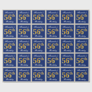 Papel De Regalo Elegante, Azul, Faux Gold 56th Birthday + Nombre