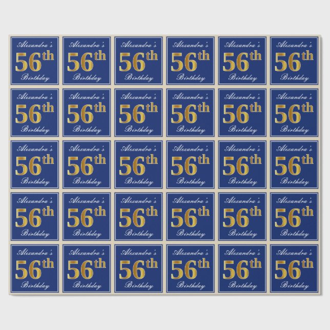 Papel De Regalo Elegante, Azul, Faux Gold 56th Birthday + Nombre (Superficie plana)