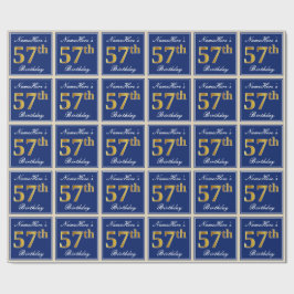 Papel De Regalo Elegante, Azul, Faux Gold 57th Birthday + Nombre