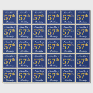 Papel De Regalo Elegante, Azul, Faux Gold 57th Birthday + Nombre
