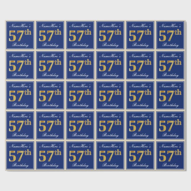 Papel De Regalo Elegante, Azul, Faux Gold 57th Birthday + Nombre (Superficie plana)