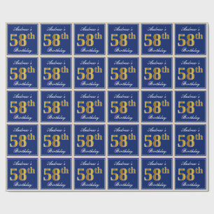 Papel De Regalo Elegante, Azul, Faux Gold 58th Birthday + Nombre