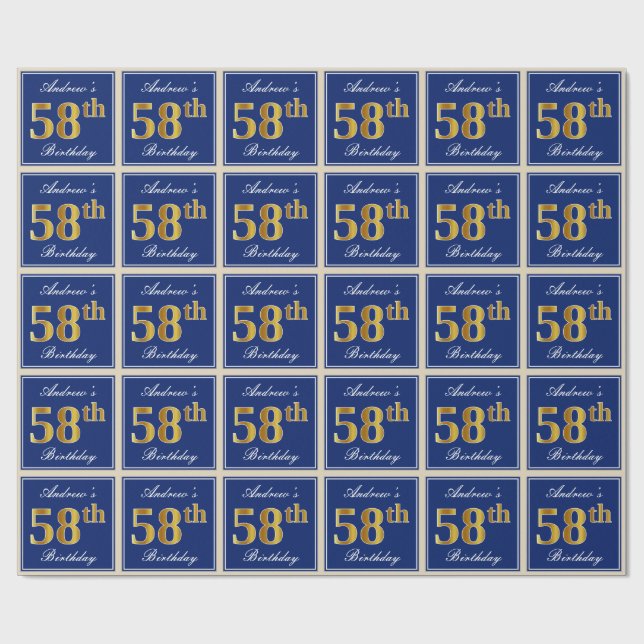 Papel De Regalo Elegante, Azul, Faux Gold 58th Birthday + Nombre (Superficie plana)