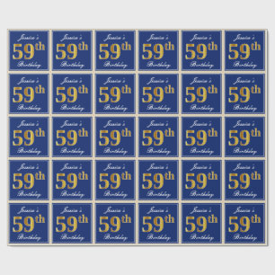 Papel De Regalo Elegante, Azul, Faux Gold 59th Birthday + Nombre