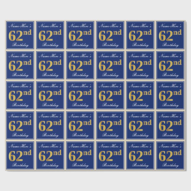 Papel De Regalo Elegante, Azul, Faux Gold 62 cumpleaños + Nombre (Superficie plana)