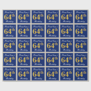 Papel De Regalo Elegante, Azul, Faux Gold 64th Birthday + Nombre