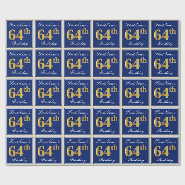 Papel De Regalo Elegante, Azul, Faux Gold 64th Birthday + Nombre (Superficie plana)