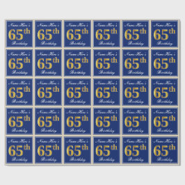 Papel De Regalo Elegante, Azul, Faux Gold 65th Birthday + Nombre