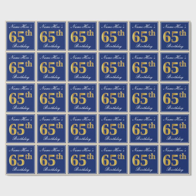 Papel De Regalo Elegante, Azul, Faux Gold 65th Birthday + Nombre (Superficie plana)