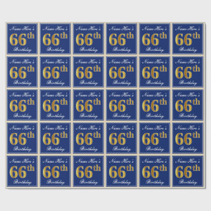Papel De Regalo Elegante, Azul, Faux Gold 66th Birthday + Nombre