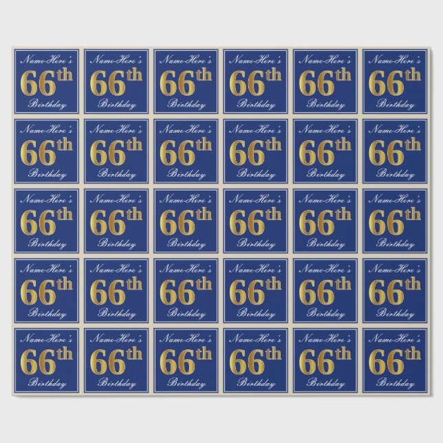 Papel De Regalo Elegante, Azul, Faux Gold 66th Birthday + Nombre (Superficie plana)