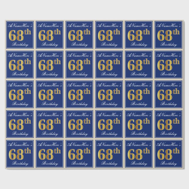 Papel De Regalo Elegante, Azul, Faux Gold 68th Birthday + Nombre (Superficie plana)
