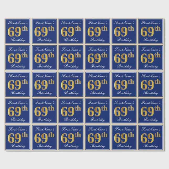 Papel De Regalo Elegante, Azul, Faux Gold 69th Birthday + Nombre (Superficie plana)