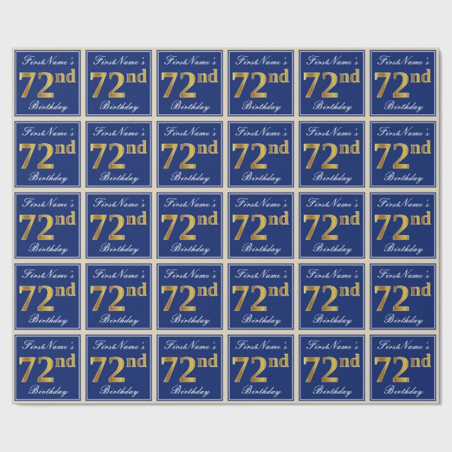 Papel De Regalo Elegante, Azul, Faux Gold 72 cumpleaños + nombre (Superficie plana)