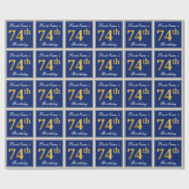 Papel De Regalo Elegante, Azul, Faux Gold 74th Birthday + Nombre