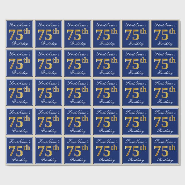 Papel De Regalo Elegante, Azul, Faux Gold 75th Birthday + Nombre (Superficie plana)
