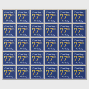 Papel De Regalo Elegante, Azul, Faux Gold 77th Birthday + Nombre