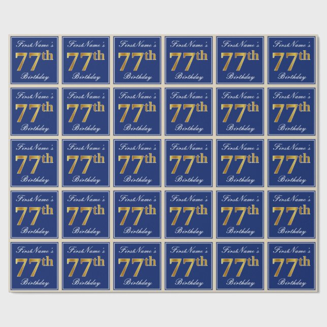 Papel De Regalo Elegante, Azul, Faux Gold 77th Birthday + Nombre (Superficie plana)