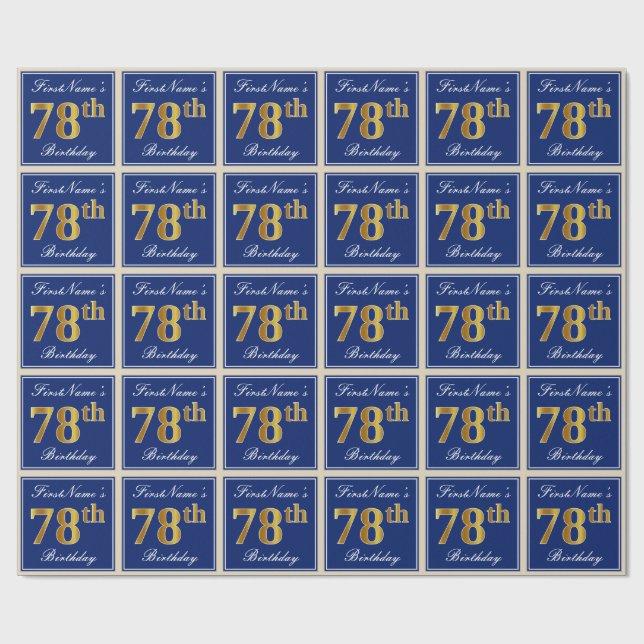 Papel De Regalo Elegante, Azul, Faux Gold 78th Birthday + Nombre (Superficie plana)