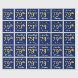 Papel De Regalo Elegante, Azul, Faux Gold 79th Birthday + Nombre