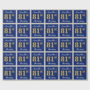 Papel De Regalo Elegante, Azul, Faux Gold 81st Birthday + Nombre
