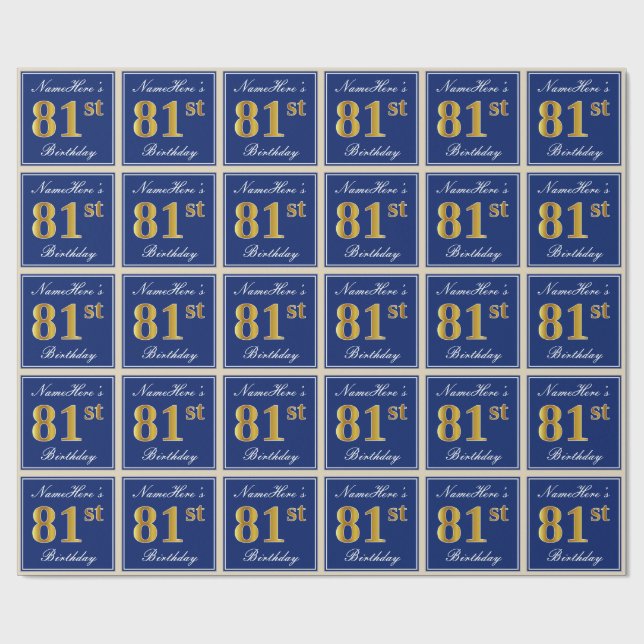 Papel De Regalo Elegante, Azul, Faux Gold 81st Birthday + Nombre (Superficie plana)