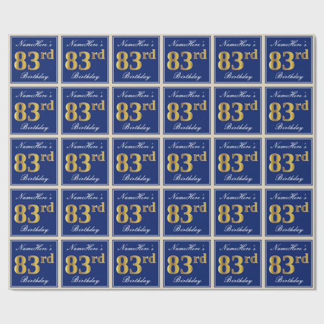 Papel De Regalo Elegante, Azul, Faux Gold 83 cumpleaños + nombre (Superficie plana)