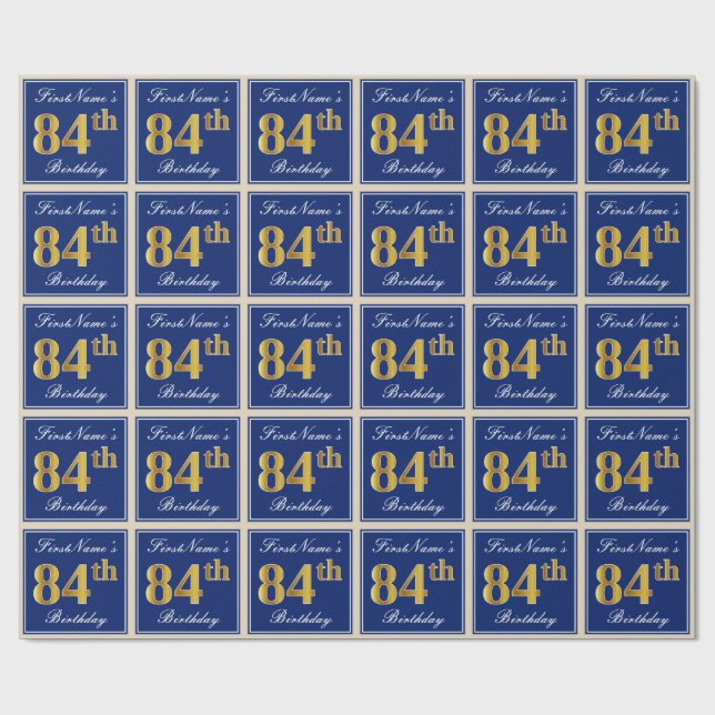 Papel De Regalo Elegante, Azul, Faux Gold 84th Birthday + Nombre (Superficie plana)
