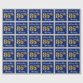 Papel De Regalo Elegante, Azul, Faux Gold 86th Birthday + Nombre