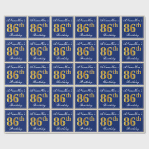 Papel De Regalo Elegante, Azul, Faux Gold 86th Birthday + Nombre