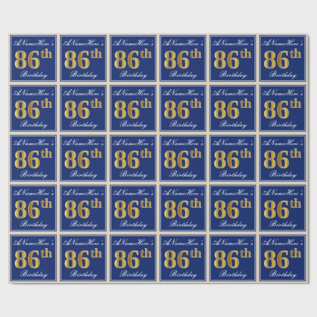 Papel De Regalo Elegante, Azul, Faux Gold 86th Birthday + Nombre (Superficie plana)
