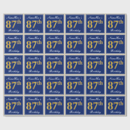 Papel De Regalo Elegante, Azul, Faux Gold 87th Birthday + Nombre