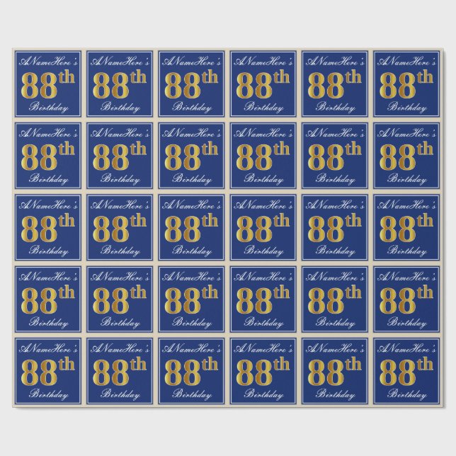 Papel De Regalo Elegante, Azul, Faux Gold 88th Birthday + Nombre (Superficie plana)