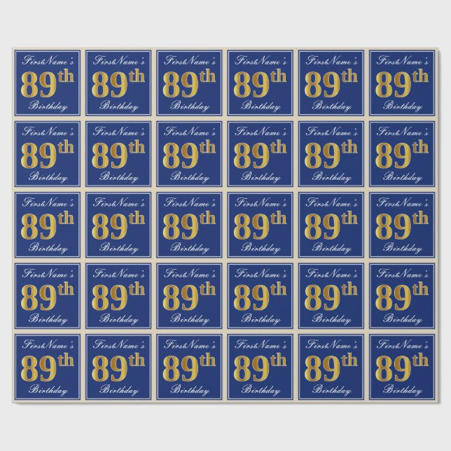 Papel De Regalo Elegante, Azul, Faux Gold 89th Birthday + Nombre (Superficie plana)