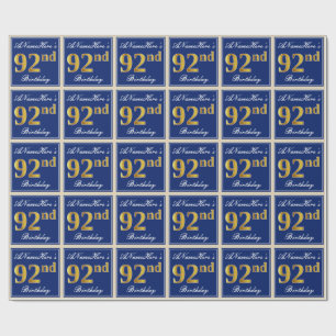 Papel De Regalo Elegante, Azul, Faux Gold 92nd Birthday + Nombre