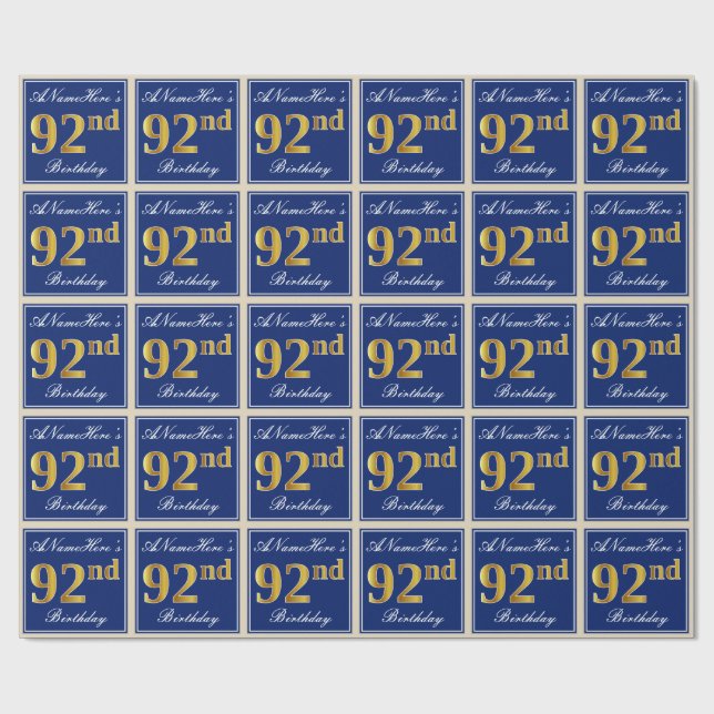 Papel De Regalo Elegante, Azul, Faux Gold 92nd Birthday + Nombre (Superficie plana)