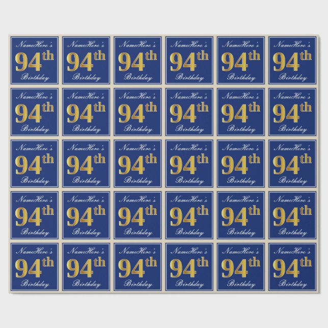 Papel De Regalo Elegante, Azul, Faux Gold 94th Birthday + Nombre (Superficie plana)