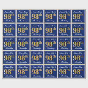 Papel De Regalo Elegante, Azul, Faux Gold 98th Birthday + Nombre