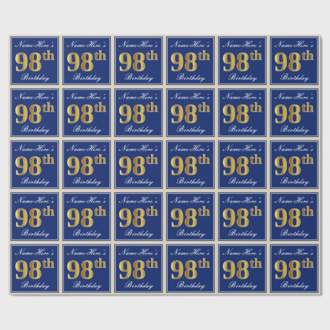 Papel De Regalo Elegante, Azul, Faux Gold 98th Birthday + Nombre (Superficie plana)