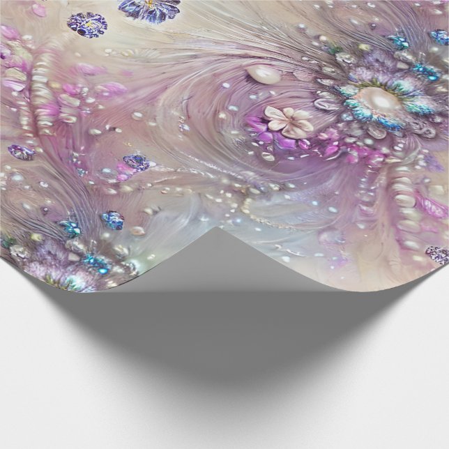 Papel De Regalo Elegante azul, gris, plumas, perlas, perlas, luz (Esquina)