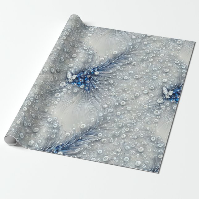 Papel De Regalo Elegante azul, gris y pelusa blanca (Desenrollado)
