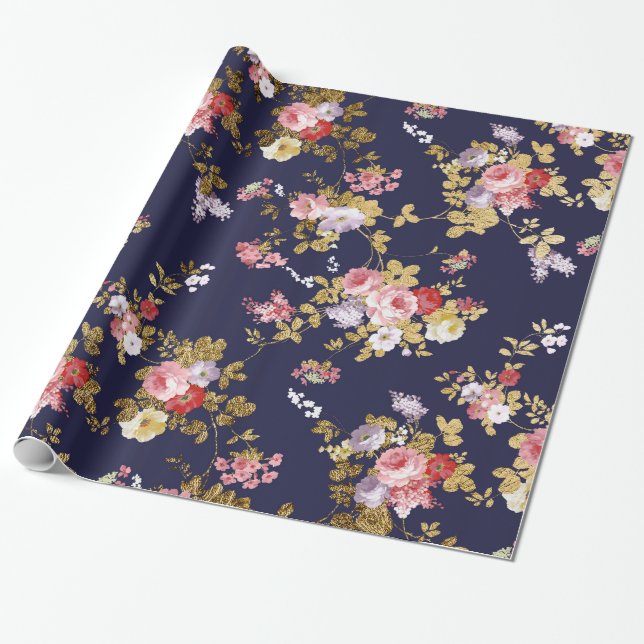 Papel De Regalo Elegante azul marino dorado rosa boho floral (Desenrollado)