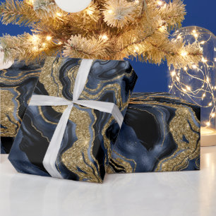 Papel De Regalo Elegante azul marino y brillo de oro cumpleaños de