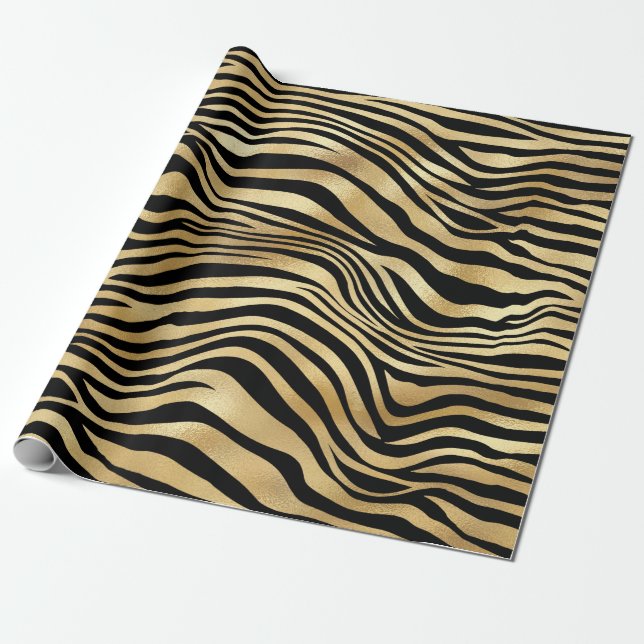 Papel De Regalo Elegante Black Gold Shimmer Zebra Imprimir Cumplea (Desenrollado)