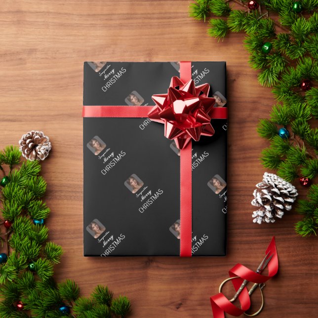 Papel De Regalo Elegante Black Photo Script Name Merry Christmas (Regalo de vacaciones)