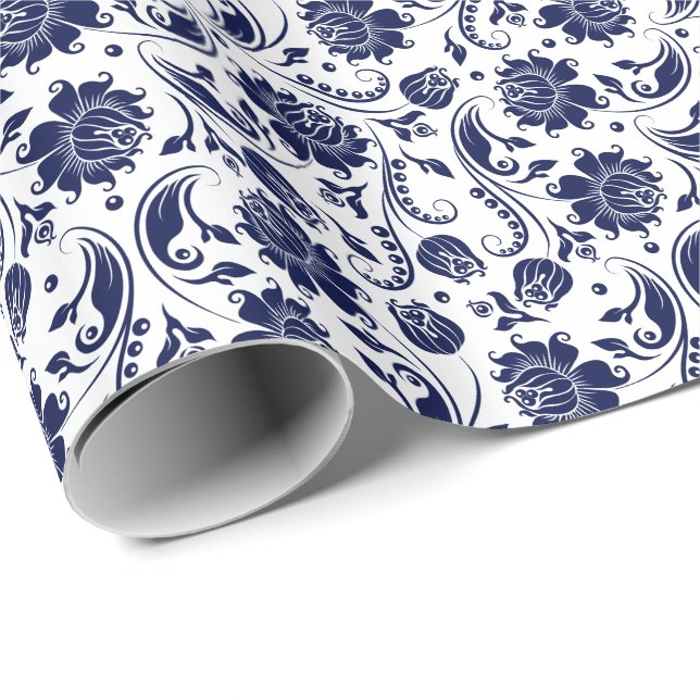 Papel De Regalo Elegante Blue Floral Damask Fondo Blanco (Esquina del rollo)