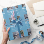 Papel De Regalo Elegante Blue Merry Christmas Script Family Photo<br><div class="desc">Elegante Papel de envolver de fotos de la familia con guión navideño azul de merry. Papel de embalaje moderno y elegante con el deseo de Feliz Navidad,  tu nombre familiar y una foto personalizado - personaliza con tu nombre e inserta tu foto en la plantilla.</div>