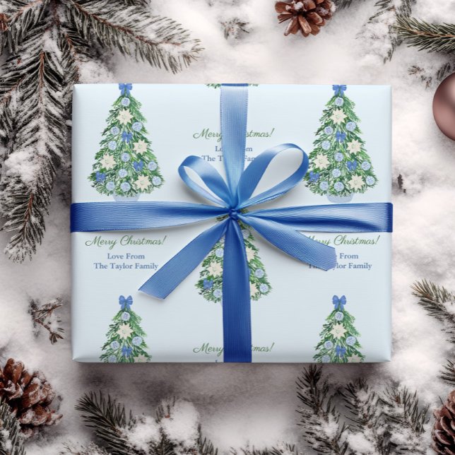 Papel De Regalo Elegante Blue & White Holidays Tree Feliz Navidad (Elegant wrapping paper with Christmas tree ornately decorated in blue & white chinoiserie poinsettia)